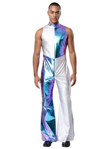 Freebily Herren 70er Jahre Disco Anzug Kontrastfarbiger Metallic Jumpsuit Sänger Kostüm Fasching Party Clubwear Blau M von Freebily