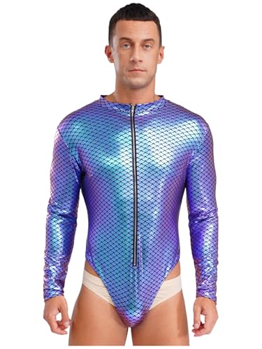 Freebily Herren Bodysuit Glitzer Metallic Fischschuppen Muster Body Meerjungfrau König Der Meere Kostüm Karneval Party Outfit Violett 4XL von Freebily