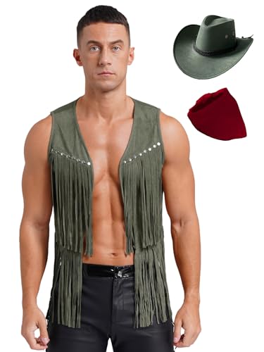 Freebily Herren Cowboy Hut Wildleder Fransen Weste Herren 70er Hippie Kleidung Faschingskostüme Sheriff Ranger Rodeo Cosplay Party Festival Outfit Armeegrün M von Freebily