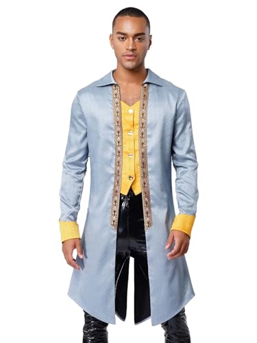 Freebily Herren Frack Mantel Steampunk Mittelalter Renaissance Jacquard Mantel Fasching Halloween Kostüm Zirkus Ringmaster Outfit Grau&Blau 3XL von Freebily