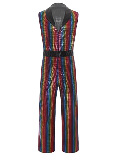 Freebily Herren Jumpsuit Metallic Glitzer Disco 70er 80er Jahre Hippie Outft V-Ausschnitt Overall Fasching Kostüm Party Clubwear Regenbogen XL von Freebily