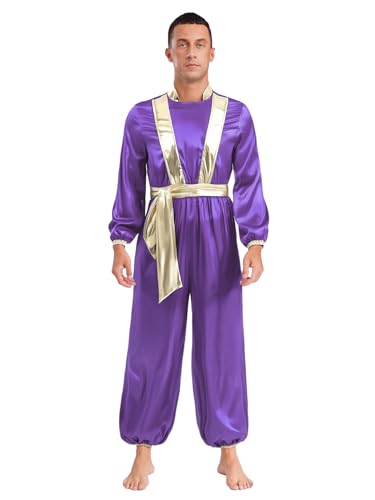 Freebily Herren Kostüm Arabischer Prinz Flaschengeist Kostüm Fasching Halloween Männer Arabisches Outfit Glänzend Satin Jumpsuit Puple XL von Freebily