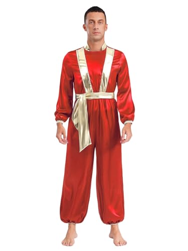 Freebily Herren Kostüm Arabischer Prinz Flaschengeist Kostüm Fasching Halloween Männer Arabisches Outfit Glänzend Satin Jumpsuit Rot M von Freebily