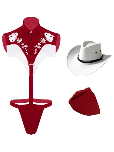 Freebily Herren Kostüm Cowboy Hut Wrestling Singlet Bodysuit Halstuch Set Männer Karnevalskostüme Junggesellenabschied Outfit Burgundy L von Freebily