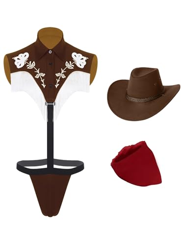 Freebily Herren Kostüm Cowboy Hut Wrestling Singlet Bodysuit Halstuch Set Männer Karnevalskostüme Junggesellenabschied Outfit Kaffee M von Freebily