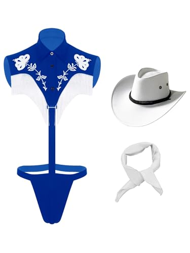 Freebily Herren Kostüm Cowboy Hut Wrestling Singlet Bodysuit Halstuch Set Männer Karnevalskostüme Junggesellenabschied Outfit Königsblau 3XL von Freebily