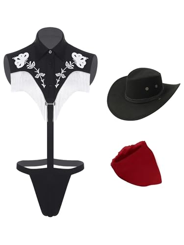 Freebily Herren Kostüm Cowboy Hut Wrestling Singlet Bodysuit Halstuch Set Männer Karnevalskostüme Junggesellenabschied Outfit Schwarz M von Freebily