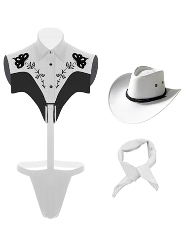 Freebily Herren Kostüm Cowboy Hut Wrestling Singlet Bodysuit Halstuch Set Männer Karnevalskostüme Junggesellenabschied Outfit Weiß L von Freebily