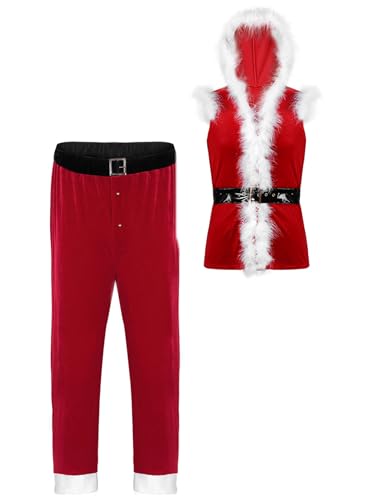 Freebily Herren Weihnachtsmann Kostüm Santa Claus Cosplay Kapuze Weste Jacke Top Hose Set Lustige Weihnachtskleidung Christmas Outfit Rot_B M von Freebily