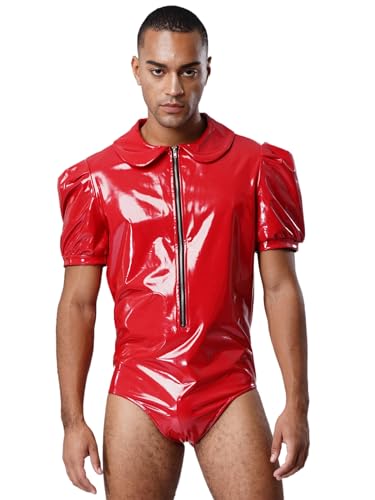 Freebily Herren Wetlook Bodysuit Kurzarm Lack Leder Jumpsuit Mit Spitze Rüschen Karnevalskostüm Sissy Maid Outfit von Freebily