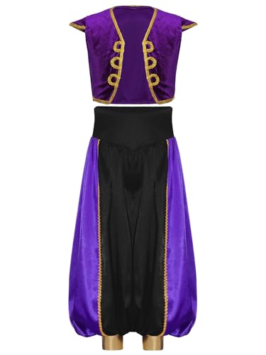Freebily Jungen Arabische Kleidung Arabischer Prinz Outfit Weste Haremshose Set Kinder Fasching Karneval Orient Märchenprinz Party Outfit Y_Lila&Schwarz 134-140 von Freebily
