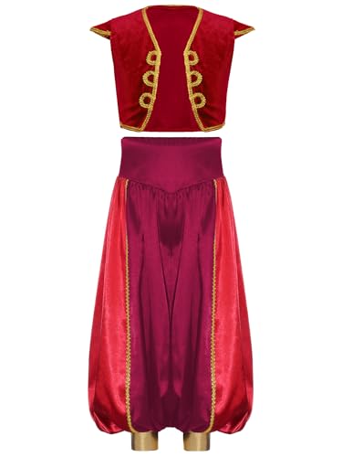 Freebily Jungen Arabische Kleidung Arabischer Prinz Outfit Weste Haremshose Set Kinder Fasching Karneval Orient Märchenprinz Party Outfit Y_Rot 122-128 von Freebily