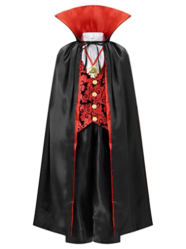 Freebily Kinder Halloween Vampir Kostüm Set für Jungen Dracula Verkleidung Stehkragen Vampir Umhang Set Gothic Party Cosplay Outfit A_Schwarz 122-134/7-9 Jahre von Freebily