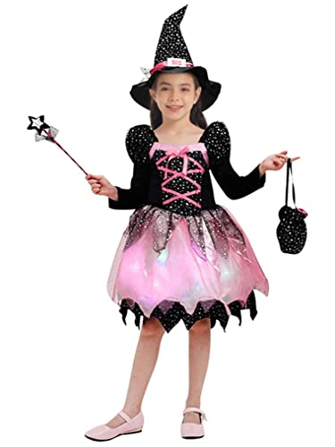 Freebily Kinder Mädchen Kleid Hexenkleid Hexenhut Zauberstab Süßigkeitstasche Halloween Karneval Partykleid Festzug Outfit Rosa-mit-Lichtern 134-140/9-10 Jahre von Freebily