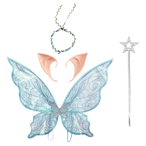 Freebily Kinder Schmetterlingsflügel Prinzessin Blumengirlande und Elfenohren Zauberstab für Halloween Cosplay Party Blaues Set One Size Freebily Kinder Schmetterlingsflügel Prinzessin Blumengirlande und Elfenohren Zauberstab für Halloween Cosplay Party Blaues Set One Size von Freebily