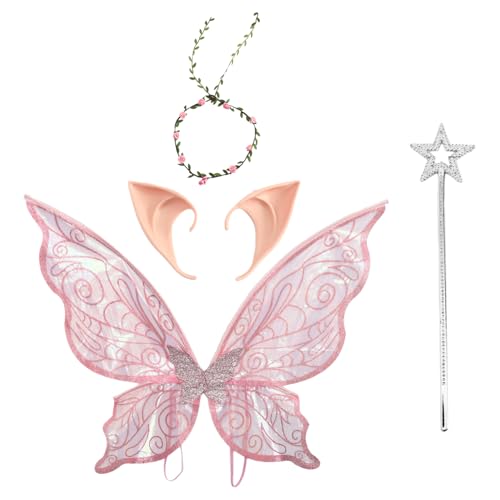 Freebily Kinder Schmetterlingsflügel Prinzessin Blumengirlande und Elfenohren Zauberstab für Halloween Cosplay Party Rosa Set One Size Freebily Kinder Schmetterlingsflügel Prinzessin Blumengirlande und Elfenohren Zauberstab für Halloween Cosplay Party Rosa Set One Size von Freebily