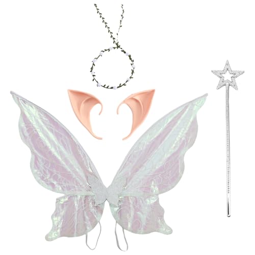 Freebily Kinder Schmetterlingsflügel Prinzessin Blumengirlande und Elfenohren Zauberstab für Halloween Cosplay Party Weißes Set One Size Freebily Kinder Schmetterlingsflügel Prinzessin Blumengirlande und Elfenohren Zauberstab für Halloween Cosplay Party Weißes Set One Size von Freebily