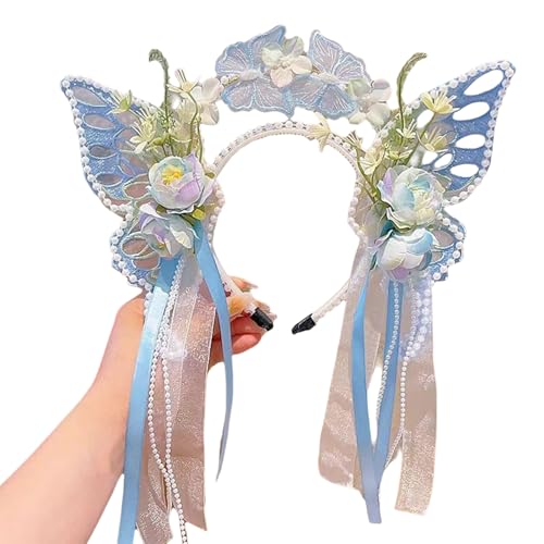 Freebily Lolita Schmetterling Stirnband mit Blumen Mesh Deko Elfen Feen Cosplay Haarreife Haarschmuck Kopfbedeckung Fasching Mottoparty Blau One Size von Freebily