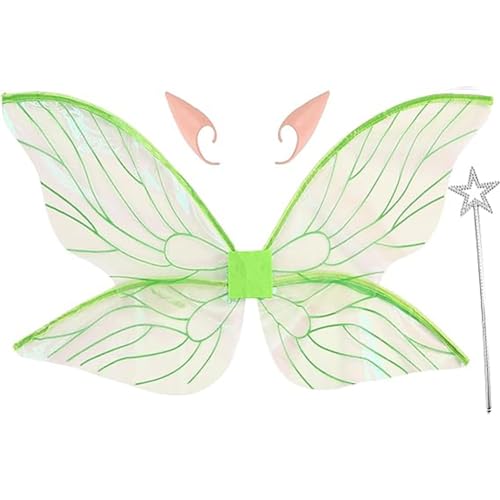 Freebily Mädchen Damen Prinzessin Feenflügel Set Schmetterlingsflügel mit Elfenohren Zauberstab Elfen Flügel Halloween Kostüm Party Dress Up Grün One Size von Freebily