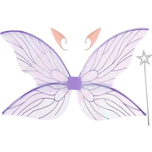 Freebily Mädchen Damen Prinzessin Feenflügel Set Schmetterlingsflügel mit Elfenohren Zauberstab Elfen Flügel Halloween Kostüm Party Dress Up Violett One Size von Freebily