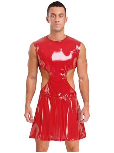 Freebily Männer Sissy Kleid Wetlook Ausgehöhltes Minikleid Mit Schlitz Leder Drag Queen Kleid Party Clubwear Rot M von Freebily