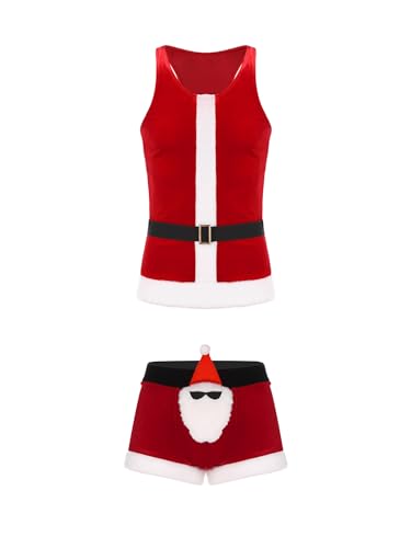 Freebily Männer Weihnachten Kostüm Sexy Phantasie Weihnachtsmann Rentier Rudolf Cosplay Bulge Boxerbriefs mit Fliege/Weihnachtshut Set Weste_B_Rot 3XL von Freebily