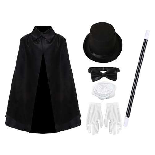Freebily Magier Kostüm - Magier Umhang Zylinder Hut Fliege Handschuhe Zaubershow Requisiten Halloween Kostüm Typ D One Size von Freebily