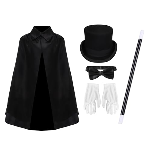 Freebily Magier Kostüm - Magier Umhang Zylinder Hut Fliege Handschuhe Zaubershow Requisiten Halloween Kostüm Typ K One Size von Freebily