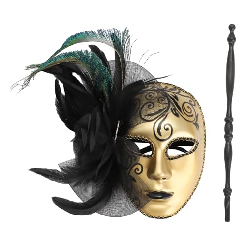 Freebily Maskerade Gesichtsmaske mit Stab Feder Mesh dekoriert Venezianische Maske Vintage Kopfmaske Party Halloween Mottoparty Gold One Size Freebily Maskerade Gesichtsmaske mit Stab Feder Mesh dekoriert Venezianische Maske Vintage Kopfmaske Party Halloween Mottoparty Gold One Size von Freebily