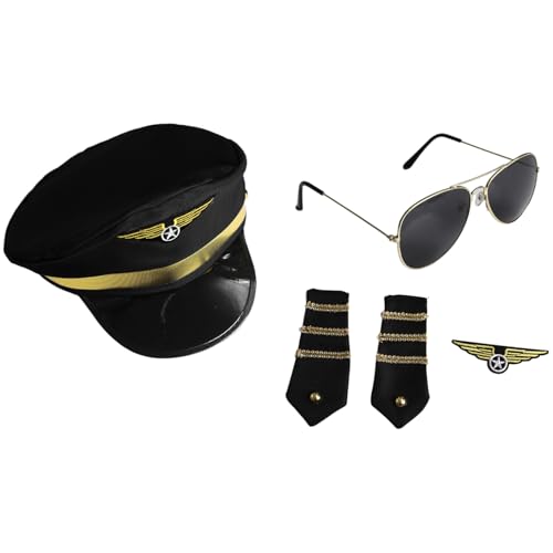 Freebily Pilot Kostüm Set Marine Matrosen Kuppel Mütze Mit Sonnenbrille Flieger Epauletten Abzeichen Für Halloween Cosplay Party Schwarz Einheitsgröße Freebily Pilot Kostüm Set Marine Matrosen Kuppel Mütze Mit Sonnenbrille Flieger Epauletten Abzeichen Für Halloween Cosplay Party Schwarz Einheitsgröße von Freebily