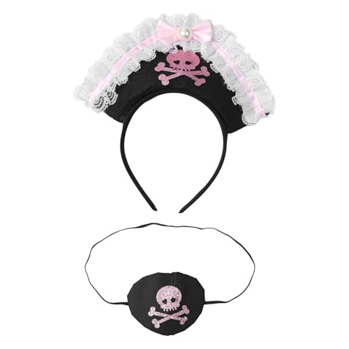 Freebily Piratenkostüm Zubehör Set Piratenhut Stirnband Totenkopf Druck Augenklappe Für Damen Und Herren Rosa Einheitsgröße von Freebily