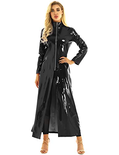 Freebily Unisex Lack Mantel Matrix Kostüm Damen Herren PVC Leder Trenchcoat Jacke Stehkragen mit Reißverschluss Sexy Wetlook Kleid Clubwear Schwarz S von Freebily