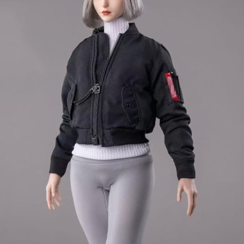 Fremego 1/6 Skala Weibliche Kleidung, Weiblicher Reißverschluss Mantel Pilot Jacke Oberteile Kleidung für 12inch PH TBL JO Worldbox Action Figur (Schwarz) von Fremego