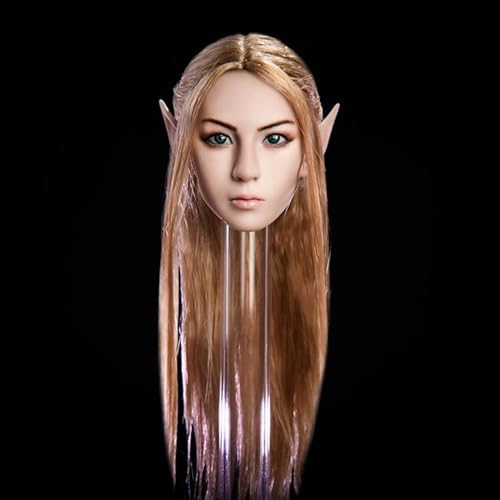 Fremego 1/6 Weiblicher Kopf Sculpt, Schönheit Elf Mädchen Gepflanzt Haar Kopf Geschnitzt mit Austauschbaren Ohren Zubehör für 12inch Action Figur Körper (Gebräunte Haut-Schwarzes Haar-Braune Augen) von Fremego