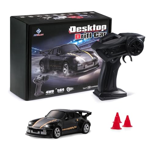 Fremego 1:64 Mini RC Auto, 2.4GHz Drift Ferngesteuertes Auto Spielzeug Desktop Rennauto Modell mit LED-Licht für Kinder Erwachsene Geschenk (Schwarz) von Fremego