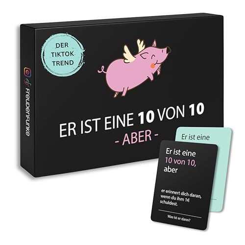 Er ist eine 10/10, aber Spiel – Kartenspiel mit 100 Karten zum Lachen & Diskutieren für unvergessliche Mädelsabende, inspiriert vom Tiktok Trend, ab 2 Spielern, Er ist eine 10 von 10, aber Party Spiel von Freudenfunke