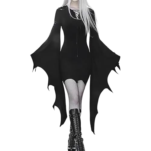 Fledermauskostüm - Schwarzer Fledermausoverall | Gothic Ghost Bride Halloween | Polyester Flügelhülle Midi -, Schwarzer Vampirstil, Stretch -Stoff -Design, Spukhäuser Oder Abendtrickveranstaltung von Frfik