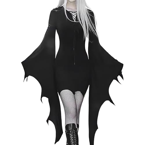 Fledermauskostüm - Schwarzer Fledermausoverall | Gothic Ghost Bride Halloween | Polyester Flügelhülle Midi -, Schwarzer Vampirstil, Stretch -Stoff -Design, Spukhäuser Oder Abendtrickveranstaltung von Frfik