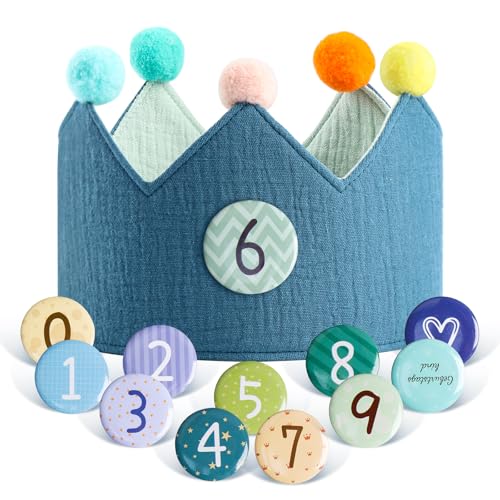 Geburtstagskrone Kinder, Baumwolle Geburtstag Krone, Geburtstag Kinderkrone, Geburtstag Junge & Mädchen, Buttons mit Zahlen von 0-9, Kinder Partyhüte, Party Deko für den Kindergeburtstag (Grün) von Friedwohl