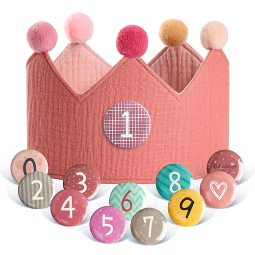 Geburtstagskrone Kinder, Baumwolle Geburtstag Krone, Geburtstag Kinderkrone, Geburtstag Junge & Mädchen, Buttons mit Zahlen von 0-9, Kinder Partyhüte, Party Deko für den Kindergeburtstag (Rosa) von Friedwohl