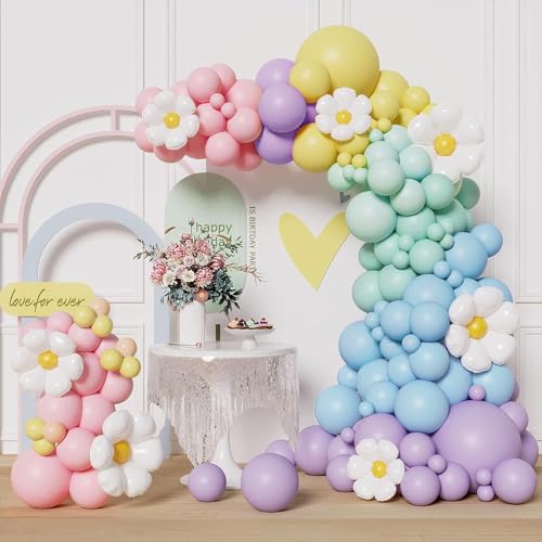 Luftballon Girlande Bunt, 136 Stück Pastell Ballon Girlande mit Gänseblümchen Folienballons, Regenbogen Luftballons für Geburtstagsdeko Mädchen, Baby Shower Deko, Baby Party Dekoration, Hochzeit von Frigg