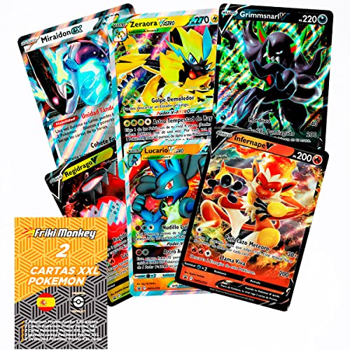 Pokemon Große Karten auf Spanisch, Riesige Pokémon-Karte, XXL, 2er-Pack Jumbo GX, EX, V oder VMAX, inklusive Original-Pokemon-Karten auf Spanisch von Friki Monkey