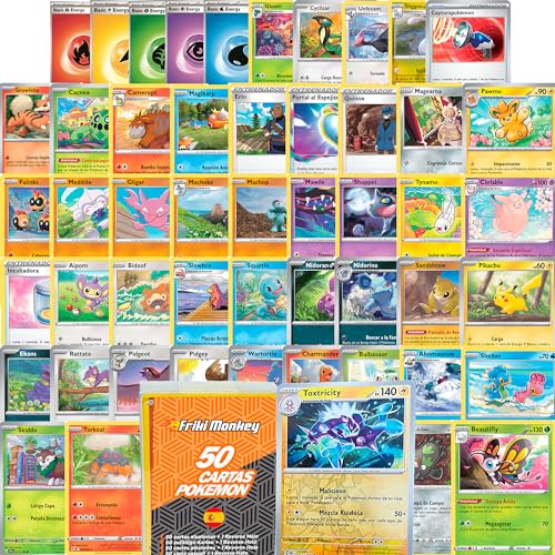 Pokémon-Karten-Set mit 50 gängigen Karten und 1 Reverse Holo-Aufkleber, offizielles Kartenpaket für Kartenspiel oder Album (50 + 1 Karten in Spanisch) von Friki Monkey