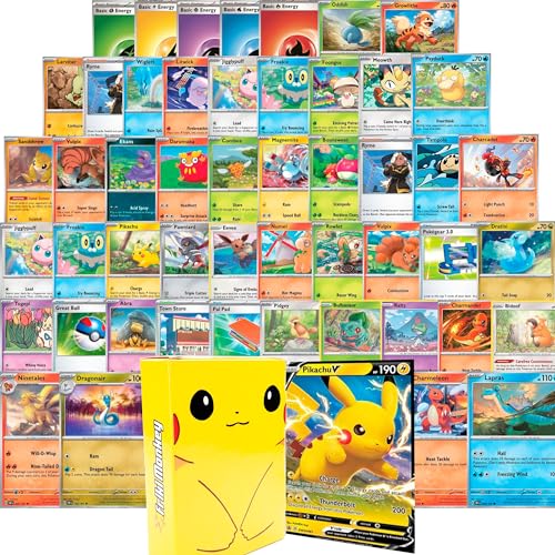 Pokemon Pikachu Karte Rare oder Superior Garantiert (Pikachu V, VMAX, Holo Rare) in Pikachu Themed Pokemon Box + (50) Pokemon Starter Pack 50 Karten, ideal für die Erstellung eines Adventskalenders von Friki Monkey