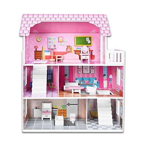 Froadp 60x24x70cm Puppenhäuser 3 Etagen Holz Puppenvilla Spielset Traumvilla Komplett inkl. Schlafzimmer, Wohnzimmer, Bad & Dazugehörige Möbel Puppenvilla Dollhouse für Kinder, unisex von Froadp