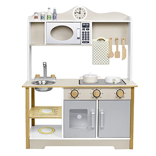 Froadp Kinderküche Spielküche aus Holz Kinder Küche Küchenspielzeug Set mit Zubehör wie Mikrowelle, Backofen, Spüle, Kochgeschirr und Gewürze für Mädchen und Jungen (Typ A, 68x26x78cm) von Froadp