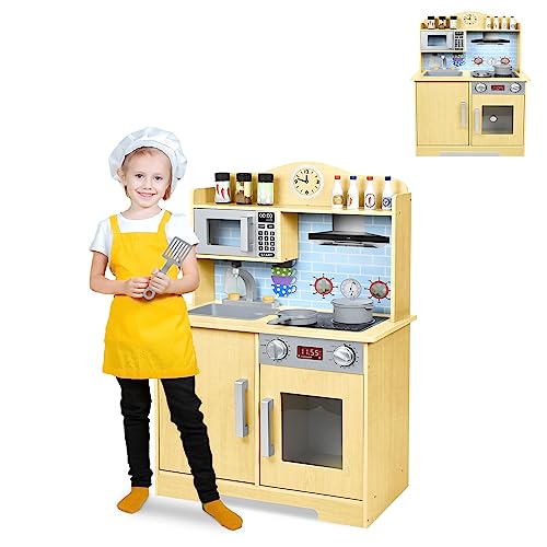 Froadp Kinderküche Spielküche aus Holz Kinder Küche Küchenspielzeug Set mit Zubehör wie Mikrowelle, Backofen, Spüle, Kochgeschirr und Gewürze für Mädchen und Jungen (Typ B, 59.5x29.5x91.7cm) von Froadp