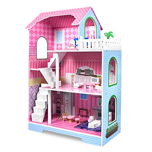 Froadp Puppenhaus Holz Haus Große Puppenvilla Mädchen Spielset mit Möbeln und Zubehör Dollhouse 3 Etagen Barbyhaus Traumvilla Mädchen und Jungen (Typ B, 70x36x100cm) von Froadp