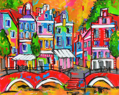 Fröhliche Malerei - Brücke mit Häusern, 40x50cm / Mit Rahmen Fröhliche Malerei - Brücke mit Häusern, 40x50cm / Mit Rahmen von Fröhliche Malerei
