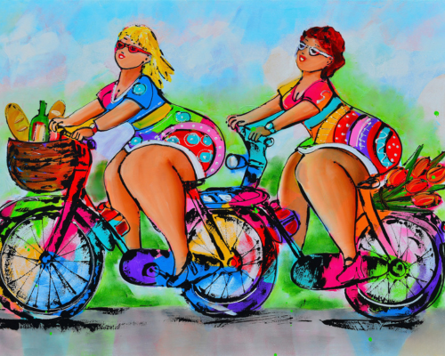 Fröhliche Malerei - Dicke Damen auf dem Fahrrad, 40x50cm / Mit Rahmen von Fröhliche Malerei